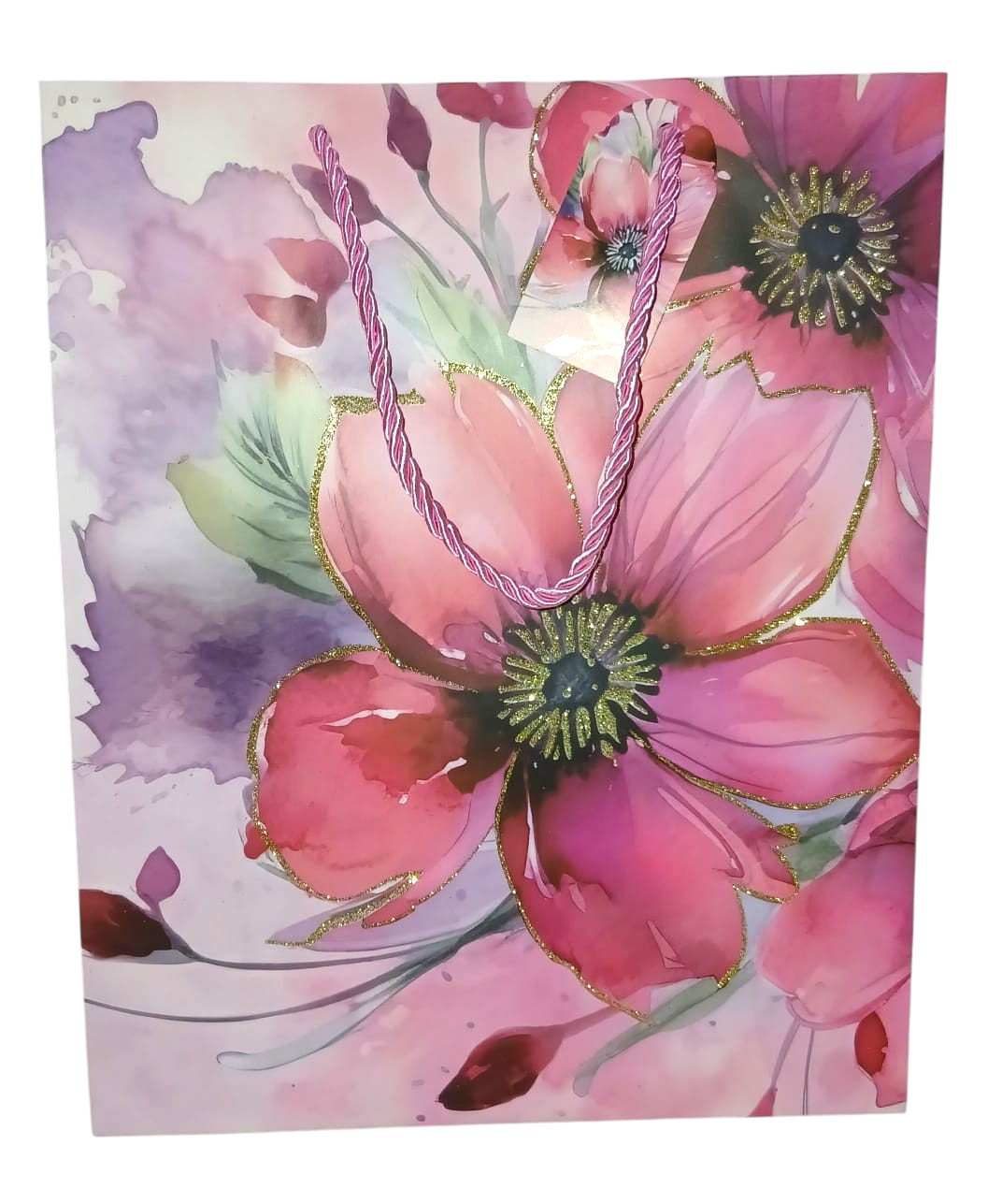 SACOLA FLORES C/GLITTER 32X26X12CM